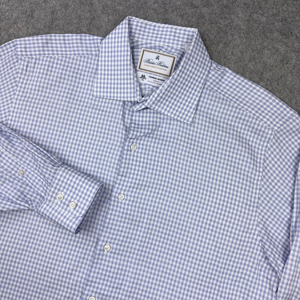 Brooks Brothers Dress Shirt Mens 16.5 32 Blue Madison Fit Thomas Mason Check USA